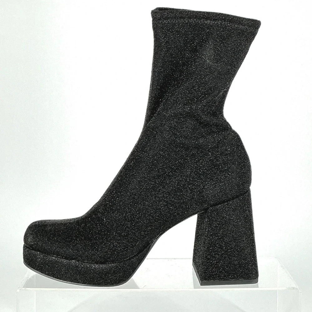 Abound Size 9 Black Glitter Platform Block Heel Sock Boots Square Toe